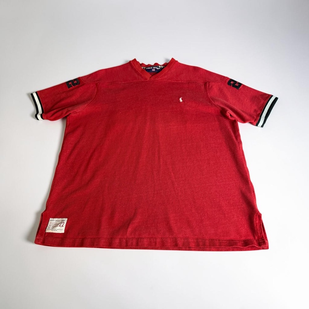 Polo Sport Ralph Lauren Mens Red Football Jersey V-Neck T-Shirt Size L Vintage